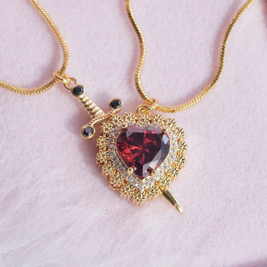 (reverso) Gothic Punk One Arrow Through The Heart Creative Two Color Couple Necklace Red Rhinestone Heart Dagger Necklace Good Friend Gift Fashion Jewelry