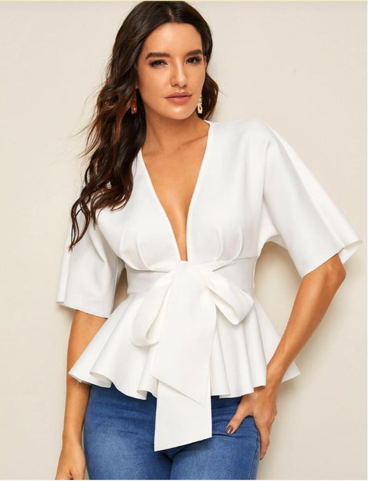 VivaCharm - Ruffled V-Neck Belted Shirt